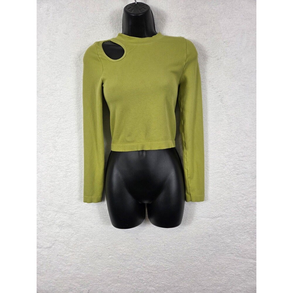 Womens Y2k Crop Top M/L‎ Lime Green Cutout Shoulder Ribbed Knit LS Going Out